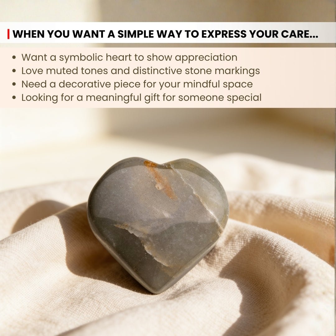 Measurement graphic displaying width, height, and edge thickness of Green Aventurine heart stone