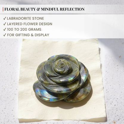 Precision digital scale verifying 100 to 200 grams weight range of natural Labradorite flower carving