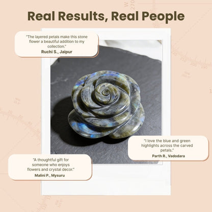 Labradorite floral crystal displayed on meditation altar beside a protective storage box and gemstone card