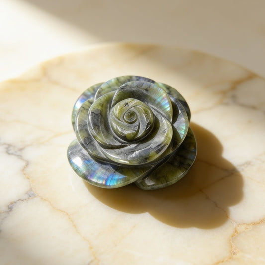 Hand-carved natural Labradorite flower stone carving weighing 100 to 200 grams