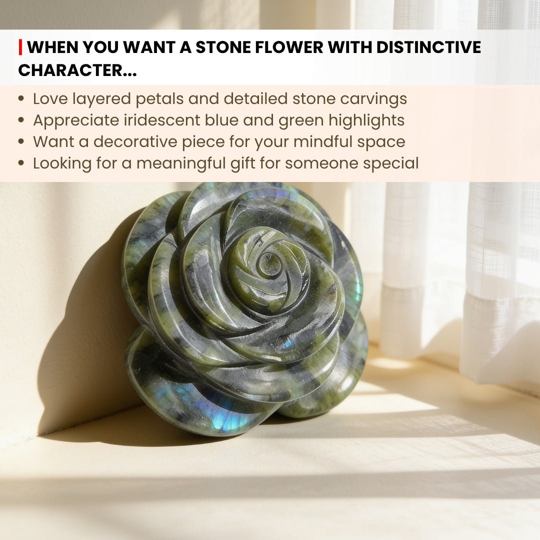 Intricate hand-carved floral petal contours and polished smooth grooves on Labradorite flower sculpture