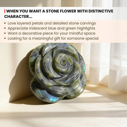 Intricate hand-carved floral petal contours and polished smooth grooves on Labradorite flower sculpture