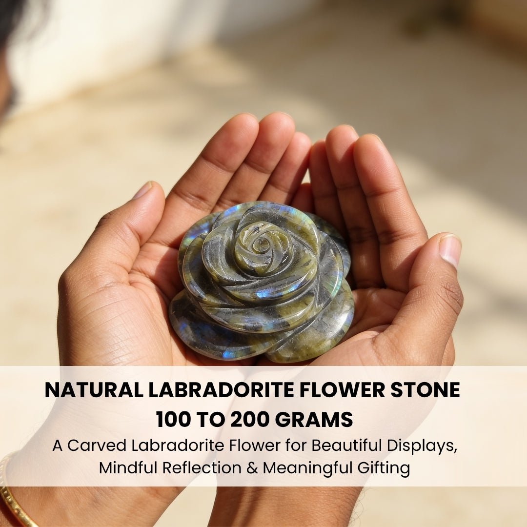 Scale measurement graphic showing diameter and depth dimensions of carved Labradorite flower stone
