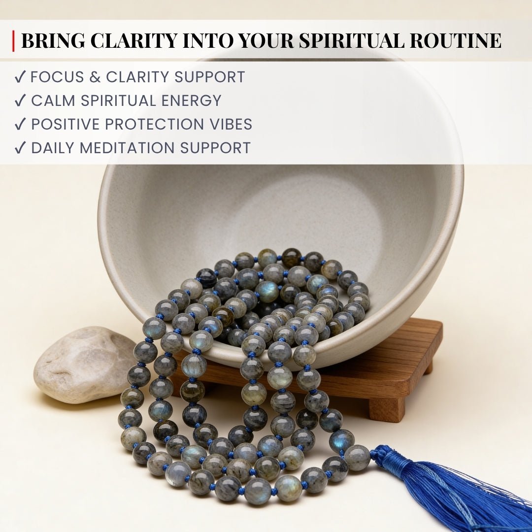 Natural Labradorite Necklace Japa Mala 108 + 1 Bead (Knotted) - plusvalueindia