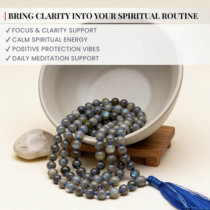 Natural Labradorite Necklace Japa Mala 108 + 1 Bead (Knotted) - plusvalueindia