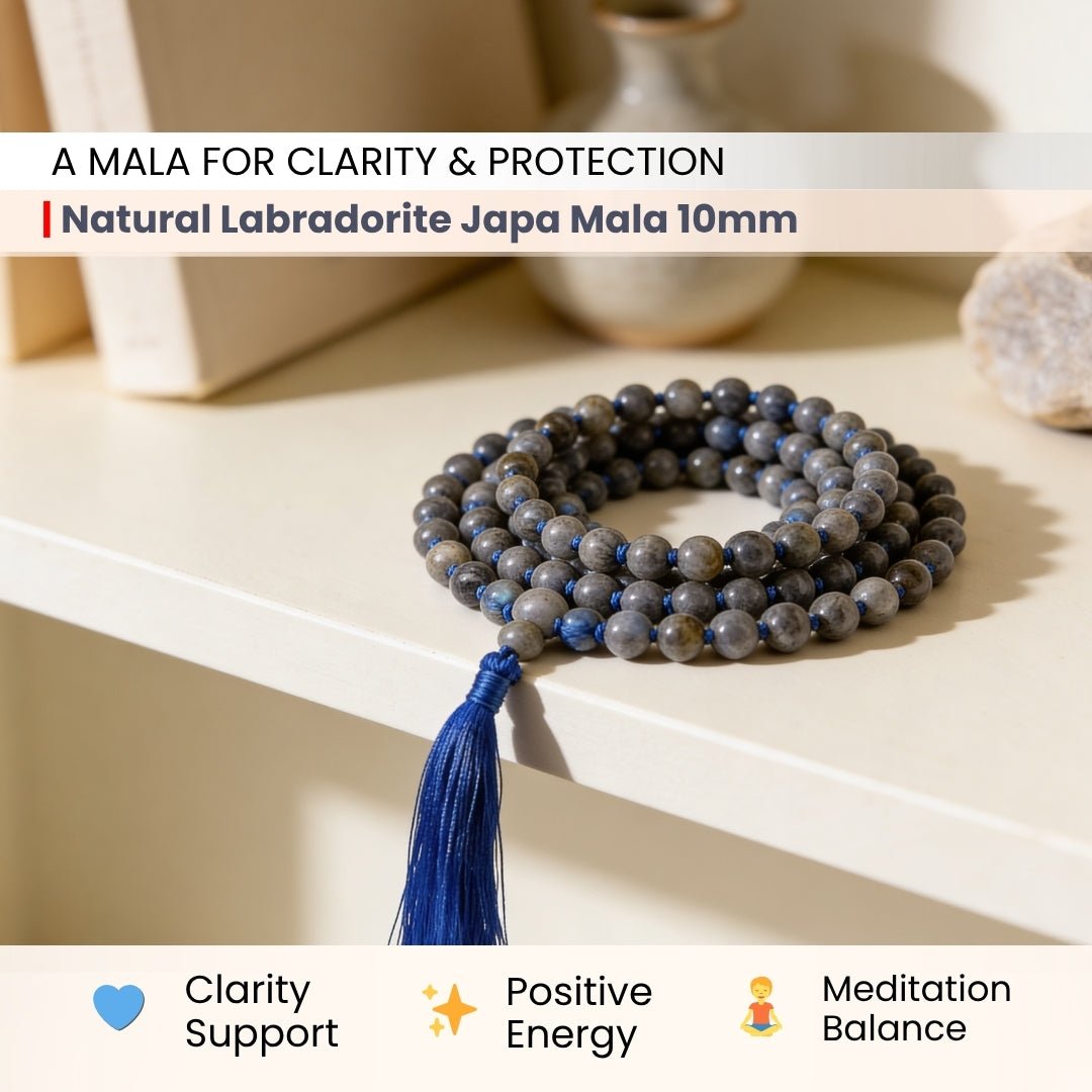 Natural Labradorite Necklace Japa Mala 108 + 1 Bead (Knotted) - plusvalueindia