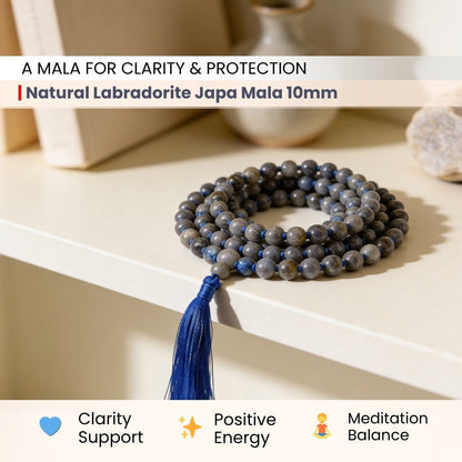 Natural Labradorite Necklace Japa Mala 108 + 1 Bead (Knotted) - plusvalueindia