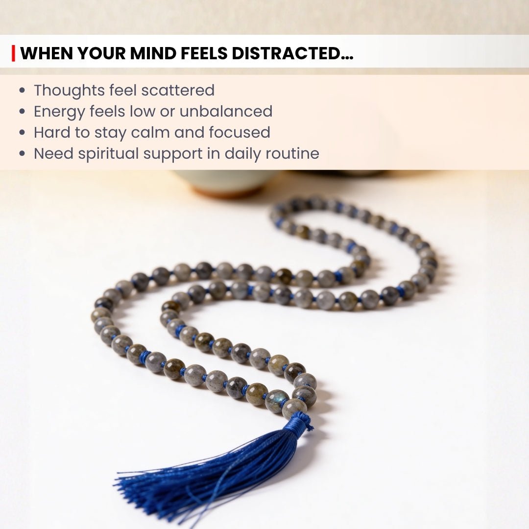 Natural Labradorite Necklace Japa Mala 108 + 1 Bead (Knotted) - plusvalueindia
