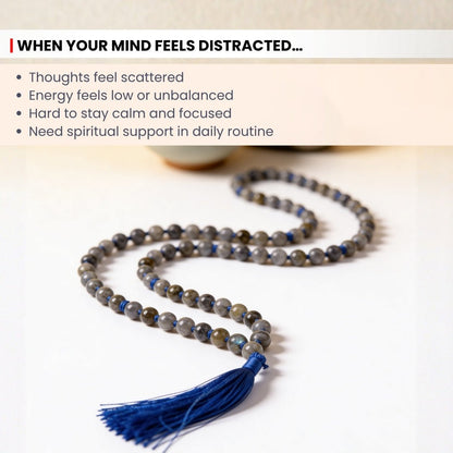 Natural Labradorite Necklace Japa Mala 108 + 1 Bead (Knotted) - plusvalueindia