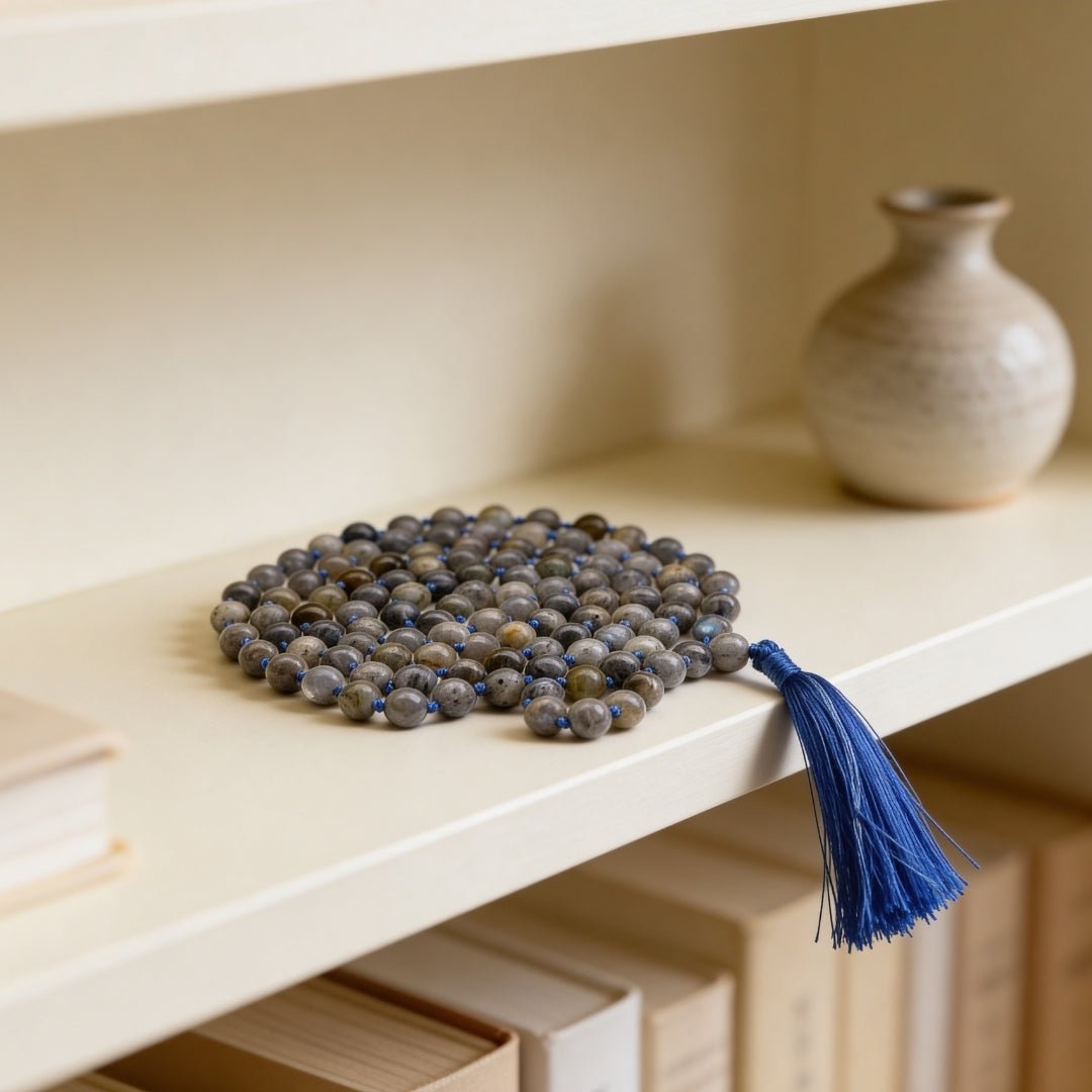 Natural Labradorite Necklace Japa Mala 108 + 1 Bead (Knotted) - plusvalueindia