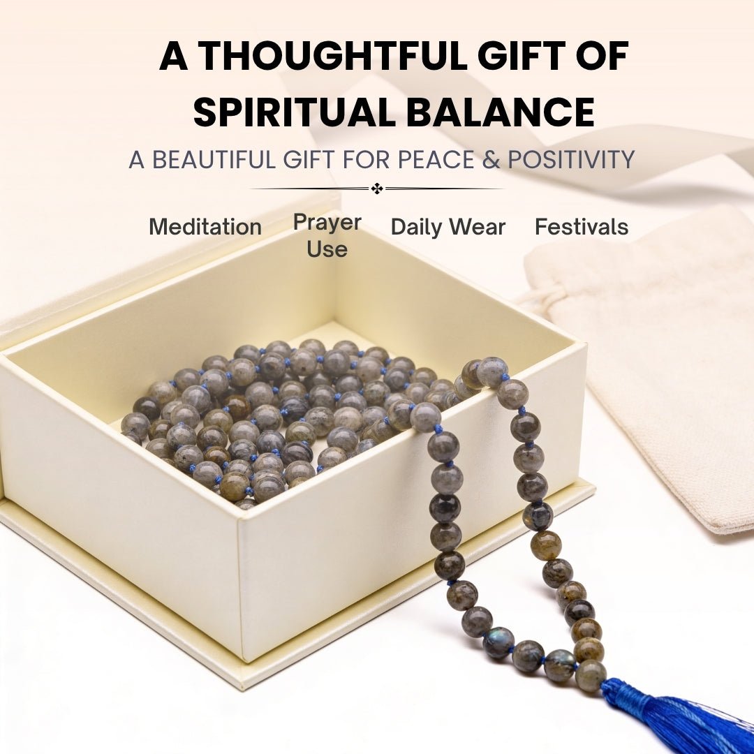Natural Labradorite Necklace Japa Mala 108 + 1 Bead (Knotted) - plusvalueindia