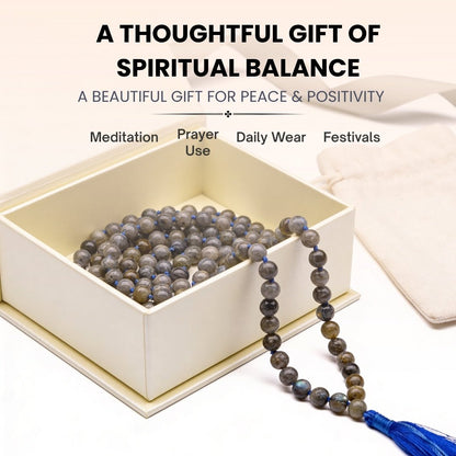 Natural Labradorite Necklace Japa Mala 108 + 1 Bead (Knotted) - plusvalueindia
