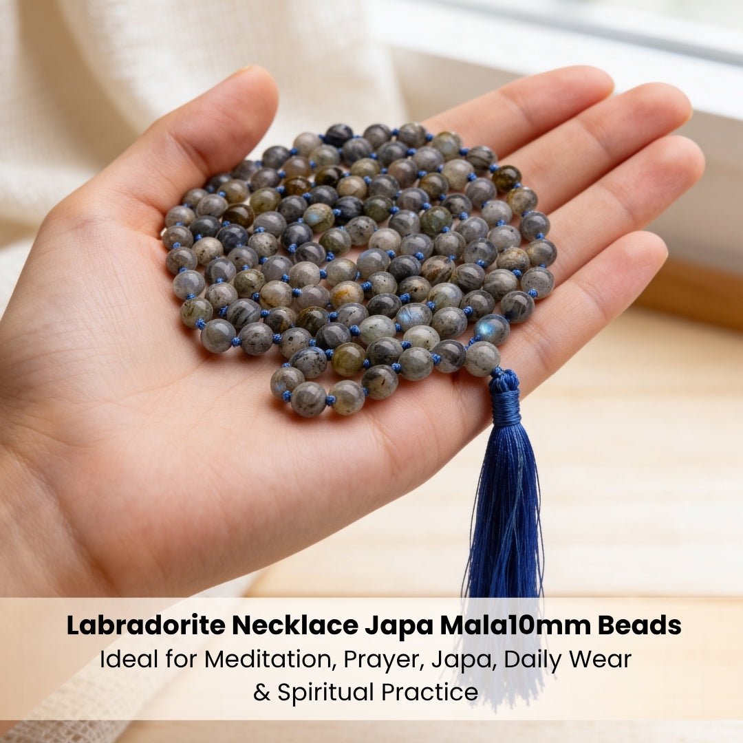 Natural Labradorite Necklace Japa Mala 108 + 1 Bead (Knotted) - plusvalueindia