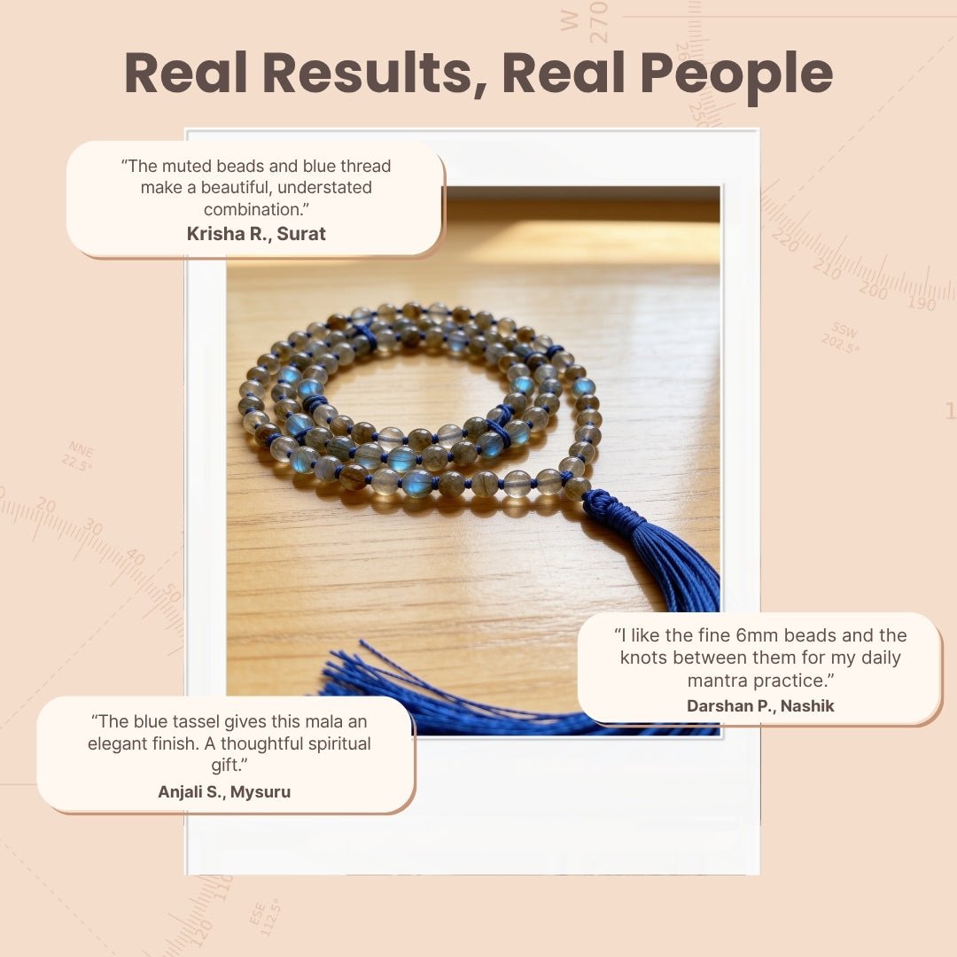 Overhead spiral arrangement of 108 Labradorite beads beside a protective drawstring storage pouch