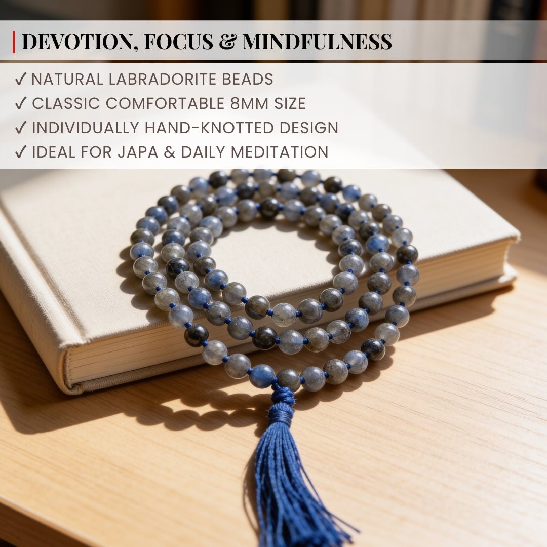 Traditional durable hand-knotted thread construction between standard 8 mm polished Labradorite beads