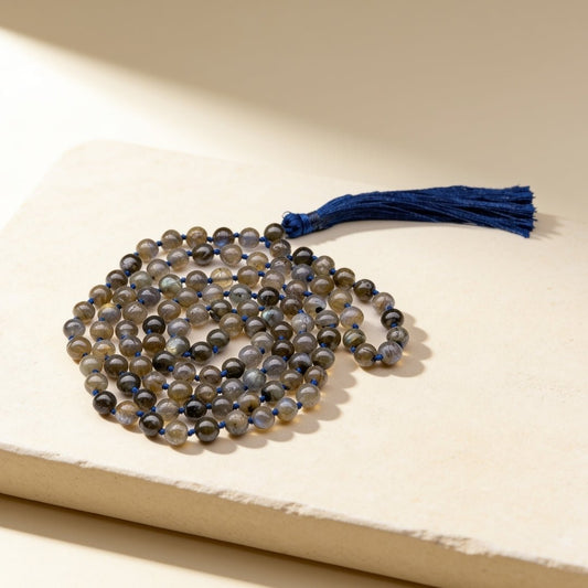 Natural Labradorite 8 mm gemstone japa mala necklace with 108 beads and tassel