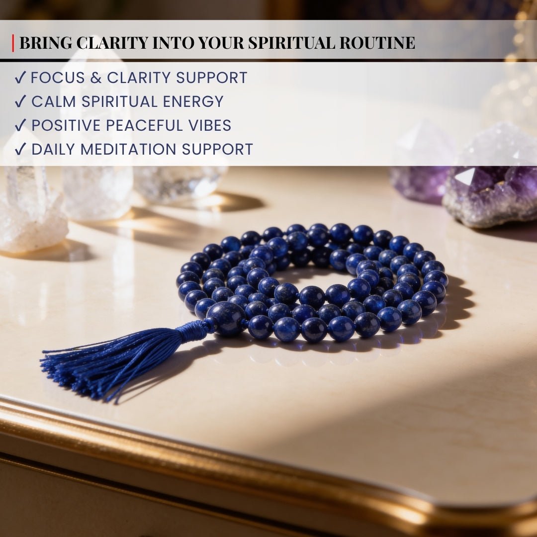 Lapis Lazuli Necklace Japa Mala 108 + 1 Bead (Knotted) (Enlightenment Stone) - plusvalueindia