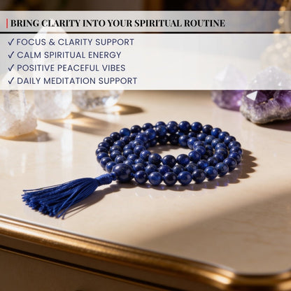 Lapis Lazuli Necklace Japa Mala 108 + 1 Bead (Knotted) (Enlightenment Stone) - plusvalueindia