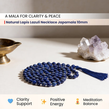 Lapis Lazuli Necklace Japa Mala 108 + 1 Bead (Knotted) (Enlightenment Stone) - plusvalueindia