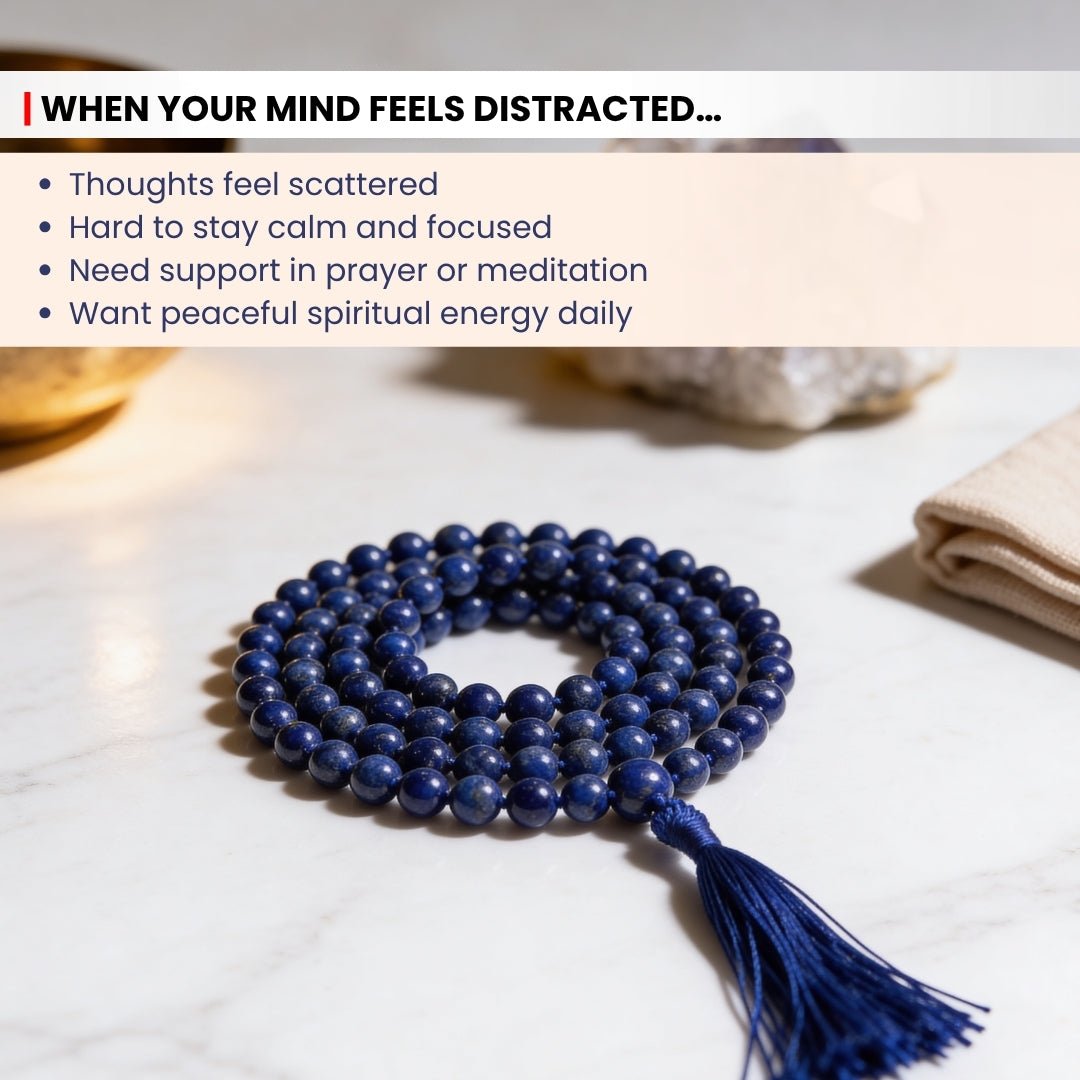 Lapis Lazuli Necklace Japa Mala 108 + 1 Bead (Knotted) (Enlightenment Stone) - plusvalueindia