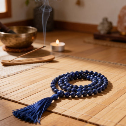 Lapis Lazuli Necklace Japa Mala 108 + 1 Bead (Knotted) (Enlightenment Stone) - plusvalueindia