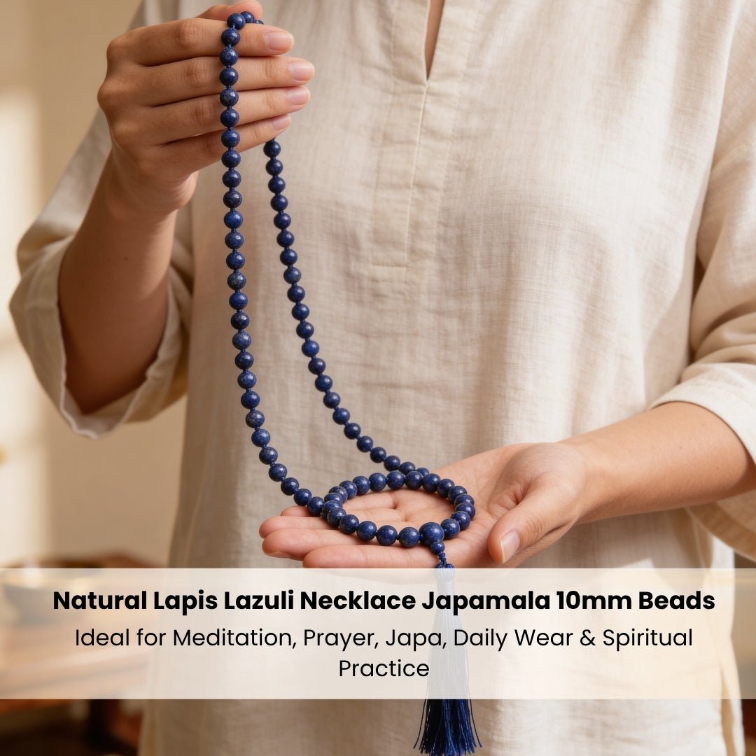 Lapis Lazuli Necklace Japa Mala 108 + 1 Bead (Knotted) (Enlightenment Stone) - plusvalueindia