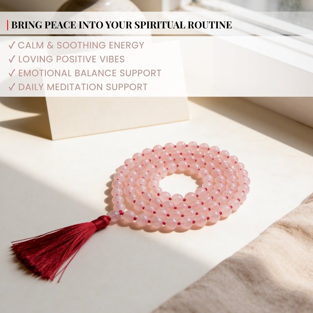 Pink Rose Quartz Necklace Japa Mala 108 + 1 Bead (Knotted) - plusvalueindia