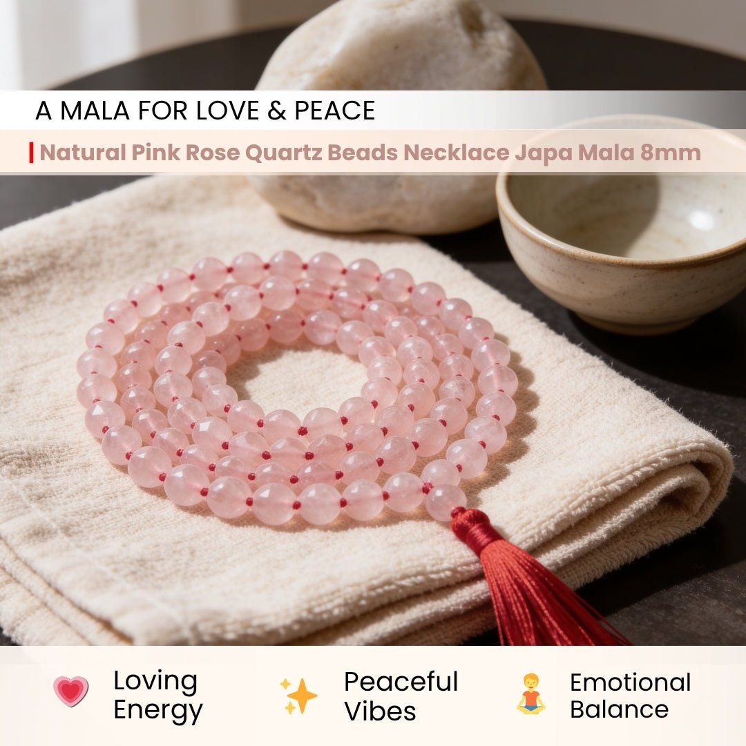 Pink Rose Quartz Necklace Japa Mala 108 + 1 Bead (Knotted) - plusvalueindia
