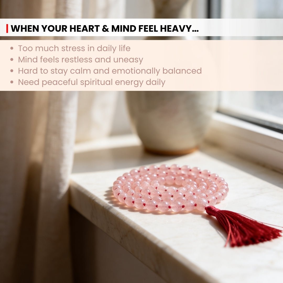 Pink Rose Quartz Necklace Japa Mala 108 + 1 Bead (Knotted) - plusvalueindia