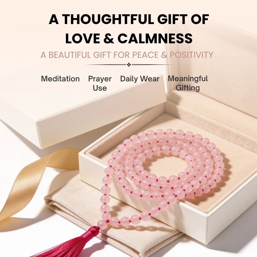 Pink Rose Quartz Necklace Japa Mala 108 + 1 Bead (Knotted) - plusvalueindia