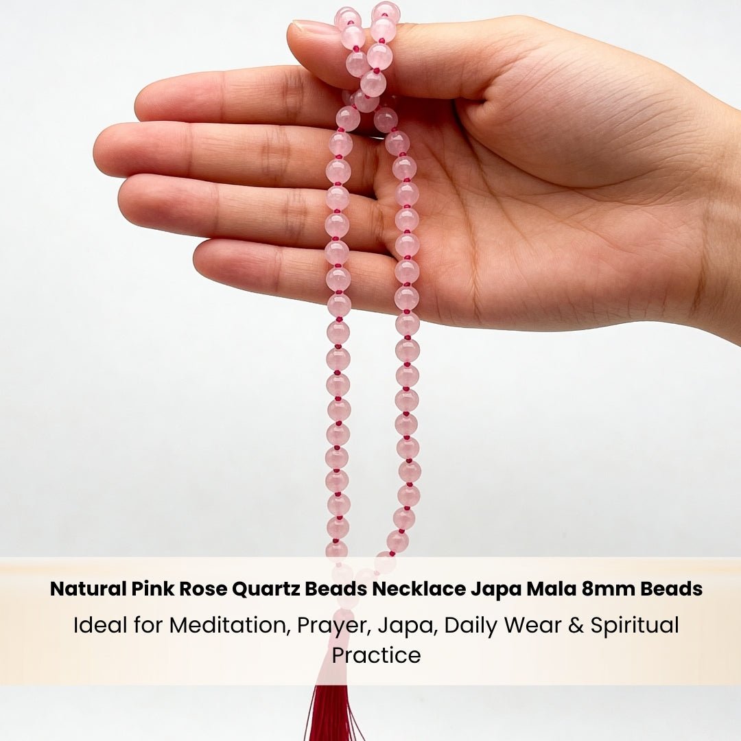 Pink Rose Quartz Necklace Japa Mala 108 + 1 Bead (Knotted) - plusvalueindia