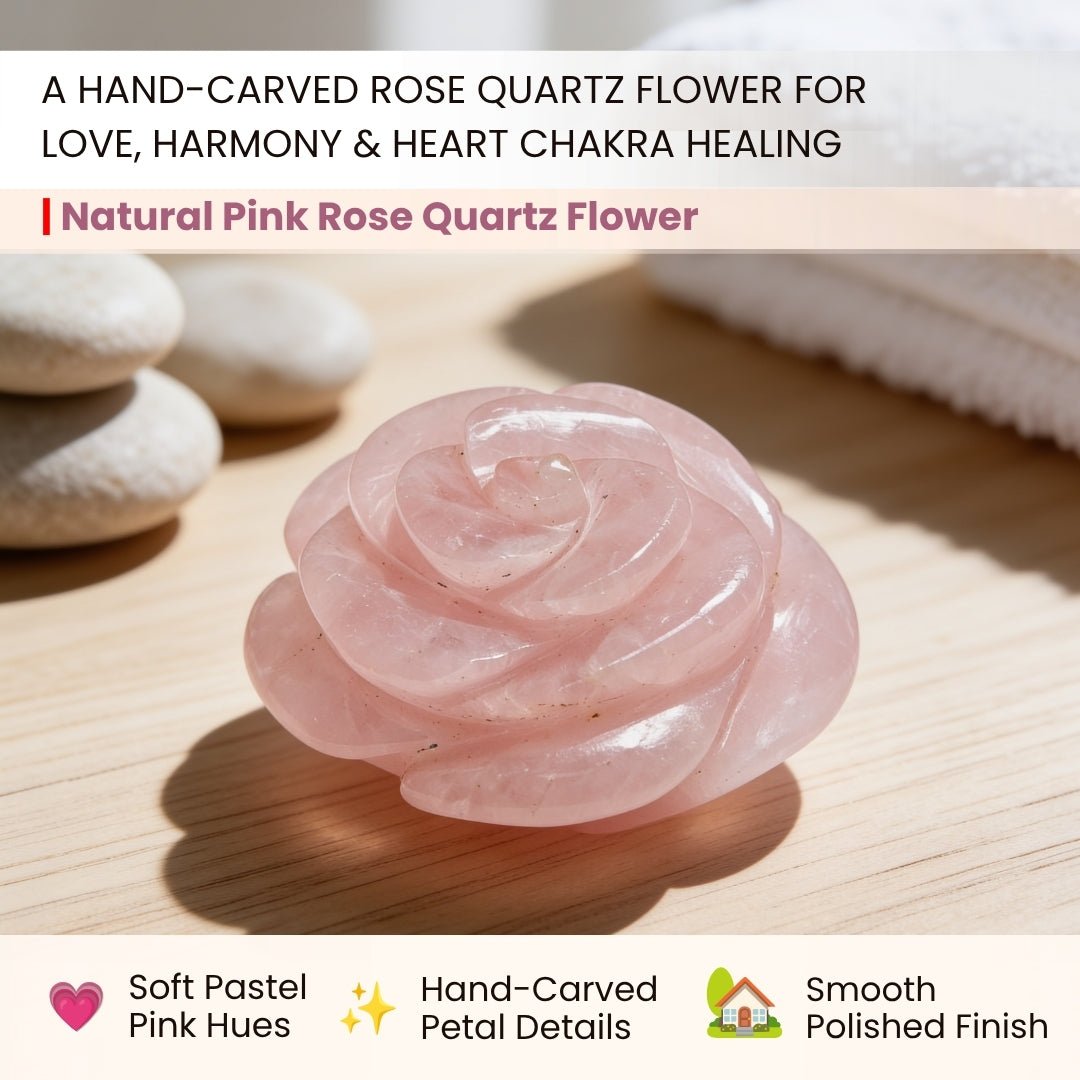 Detailed macro shot showing delicate carved flower petals, natural translucent pink quartz veil, and smooth polished finish