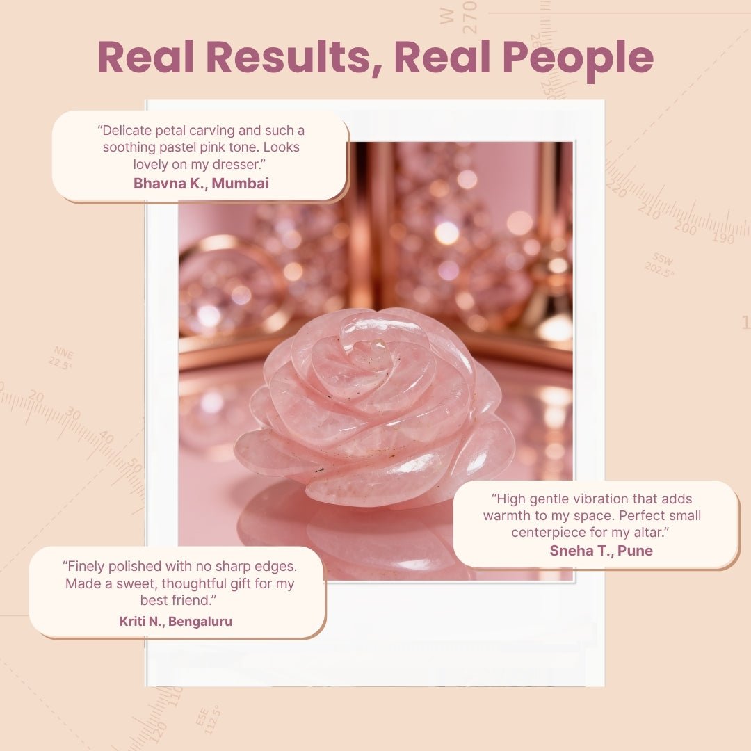 Natural Rose Quartz carved flower presented in a plush velvet cushion inside an elegant pink branded gift box with love affirmation card