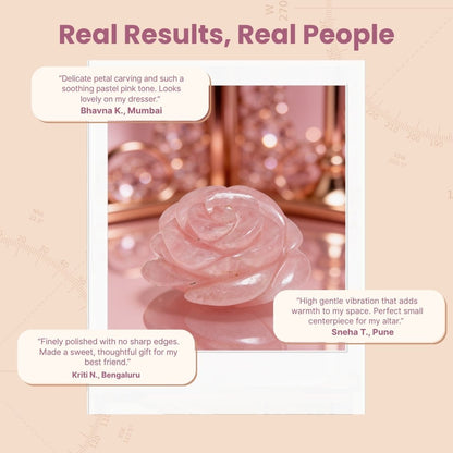 Natural Rose Quartz carved flower presented in a plush velvet cushion inside an elegant pink branded gift box with love affirmation card