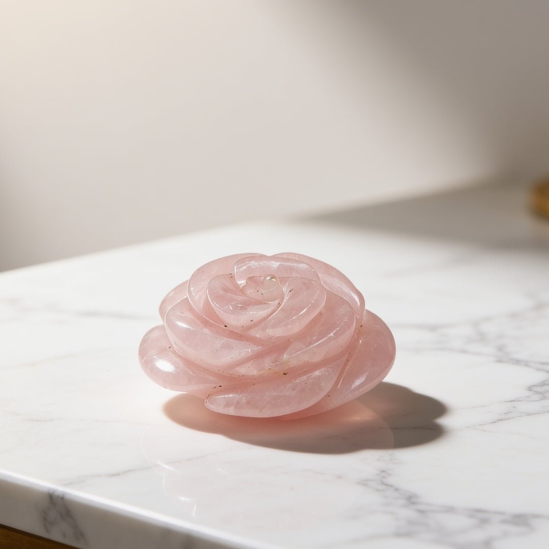 Hand-carved natural pink Rose Quartz crystal flower sculpture for unconditional love, romance, and heart chakra healing