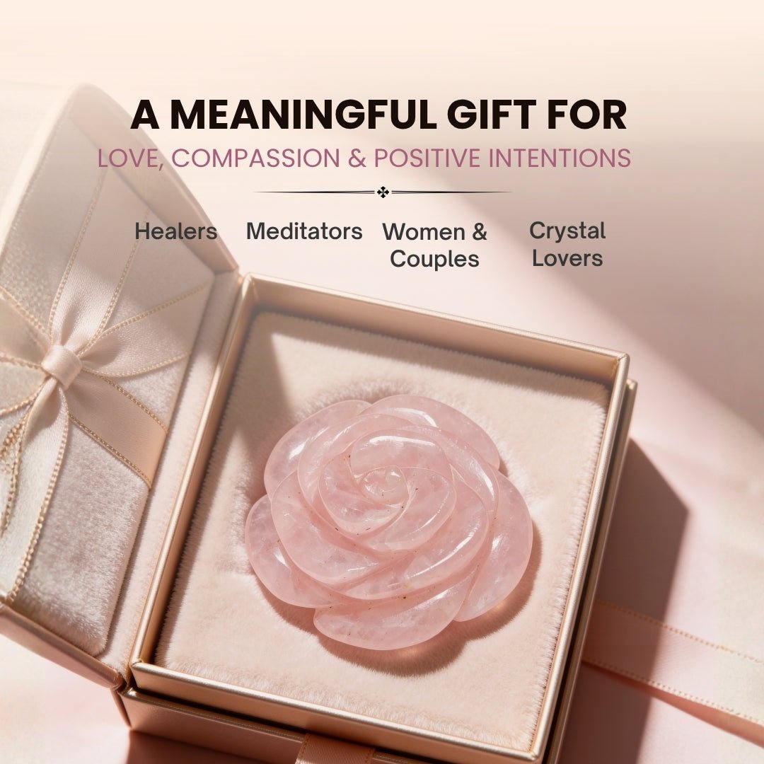 Handcrafted natural pink Rose Quartz carved flower resting in palm demonstrating handheld scale, soothing pastel pink hue, and tactile finish