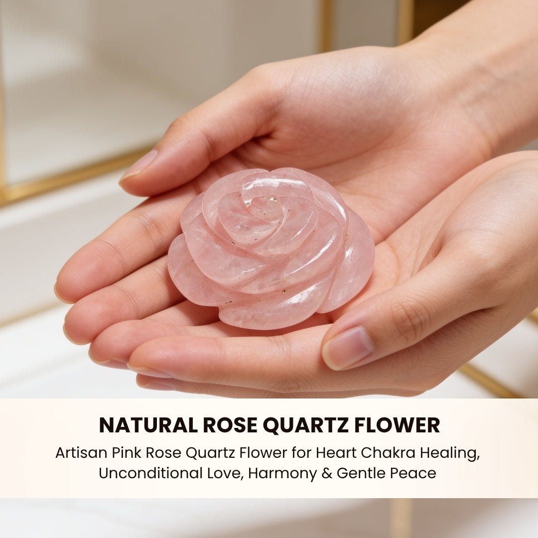 Rose Quartz crystal flower placed on a wooden bedroom side table beside a ceramic dish, scented candle, and framed picture