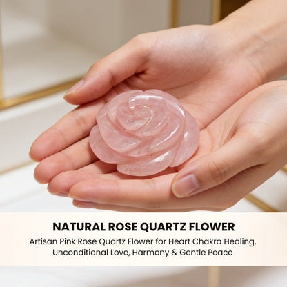 Rose Quartz crystal flower placed on a wooden bedroom side table beside a ceramic dish, scented candle, and framed picture