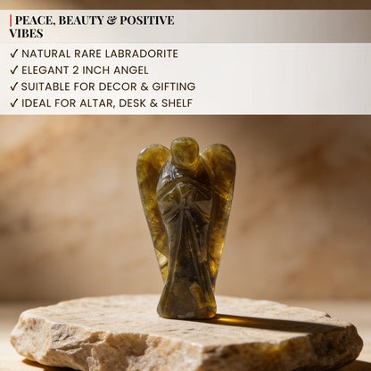 side and rear profile of the 2 inch labradorite angel carving