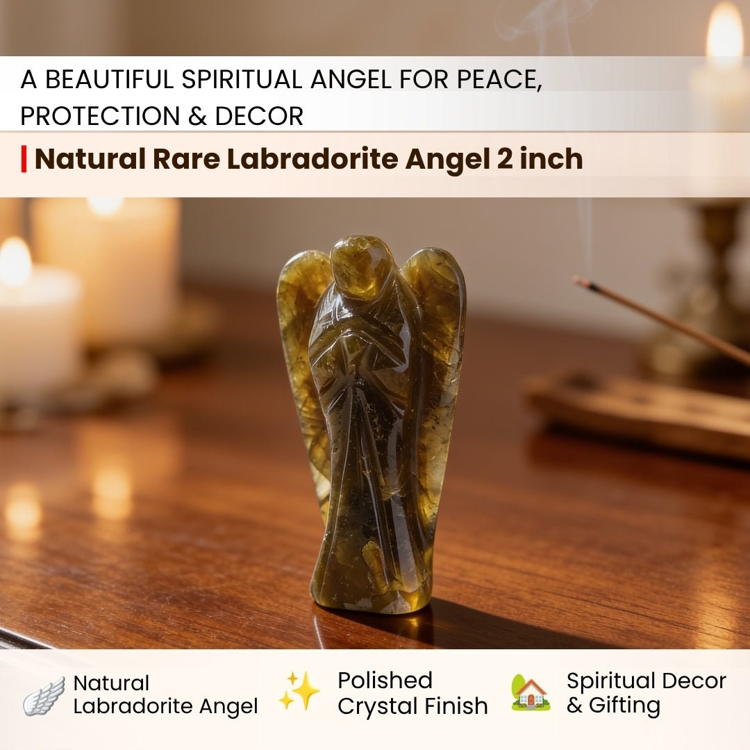 close-up of the labradorite angel wings and carved details