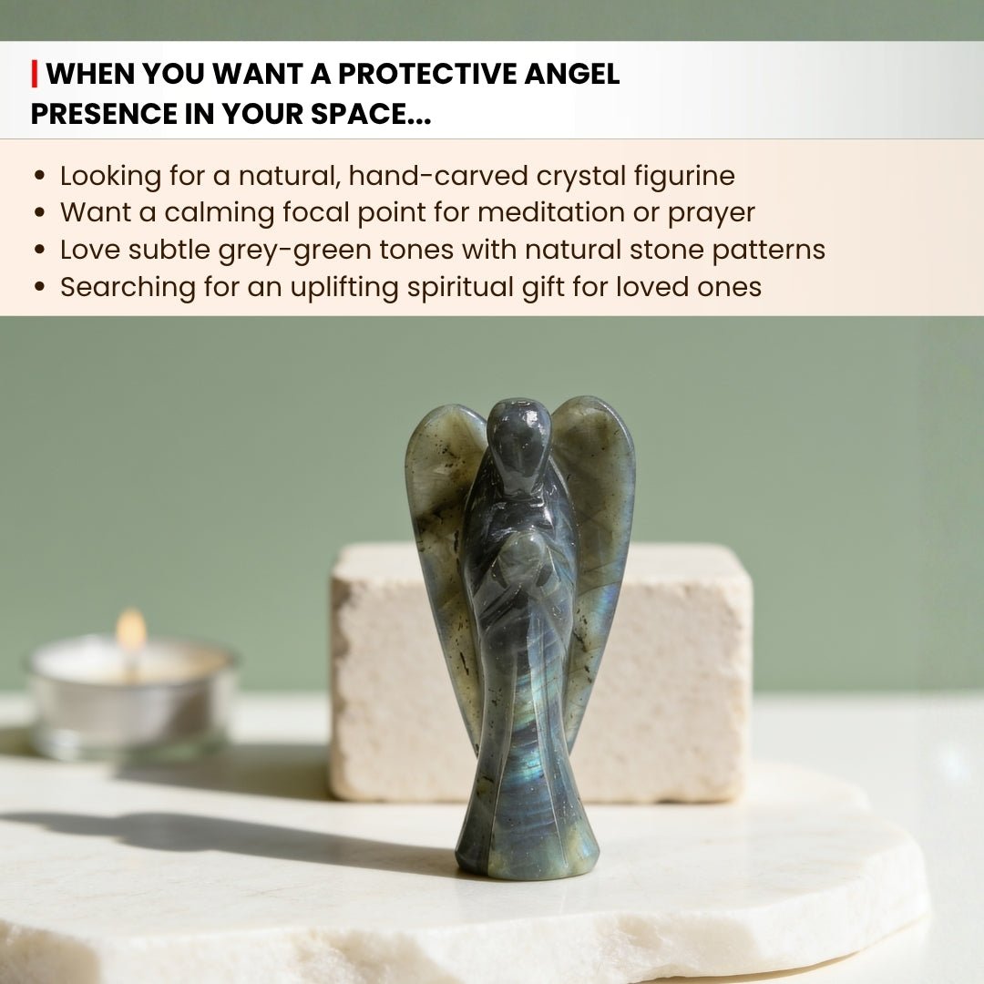 Detailed hand-carved facial contours, folded wings, and smooth polished robe of Labradorite crystal angel