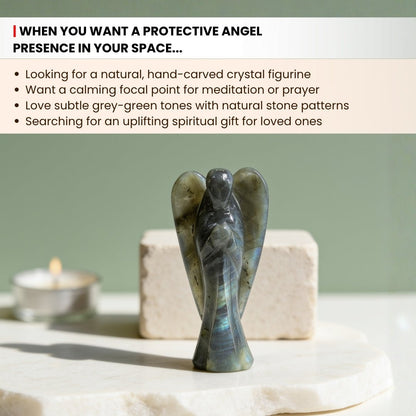Detailed hand-carved facial contours, folded wings, and smooth polished robe of Labradorite crystal angel