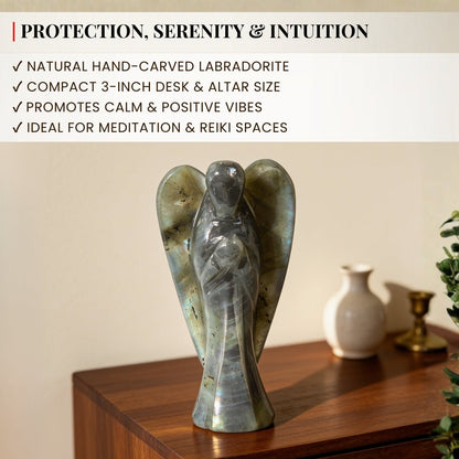 Scale diagram verifying 3 inch (7.5 cm) height and base width of carved Labradorite angel statue