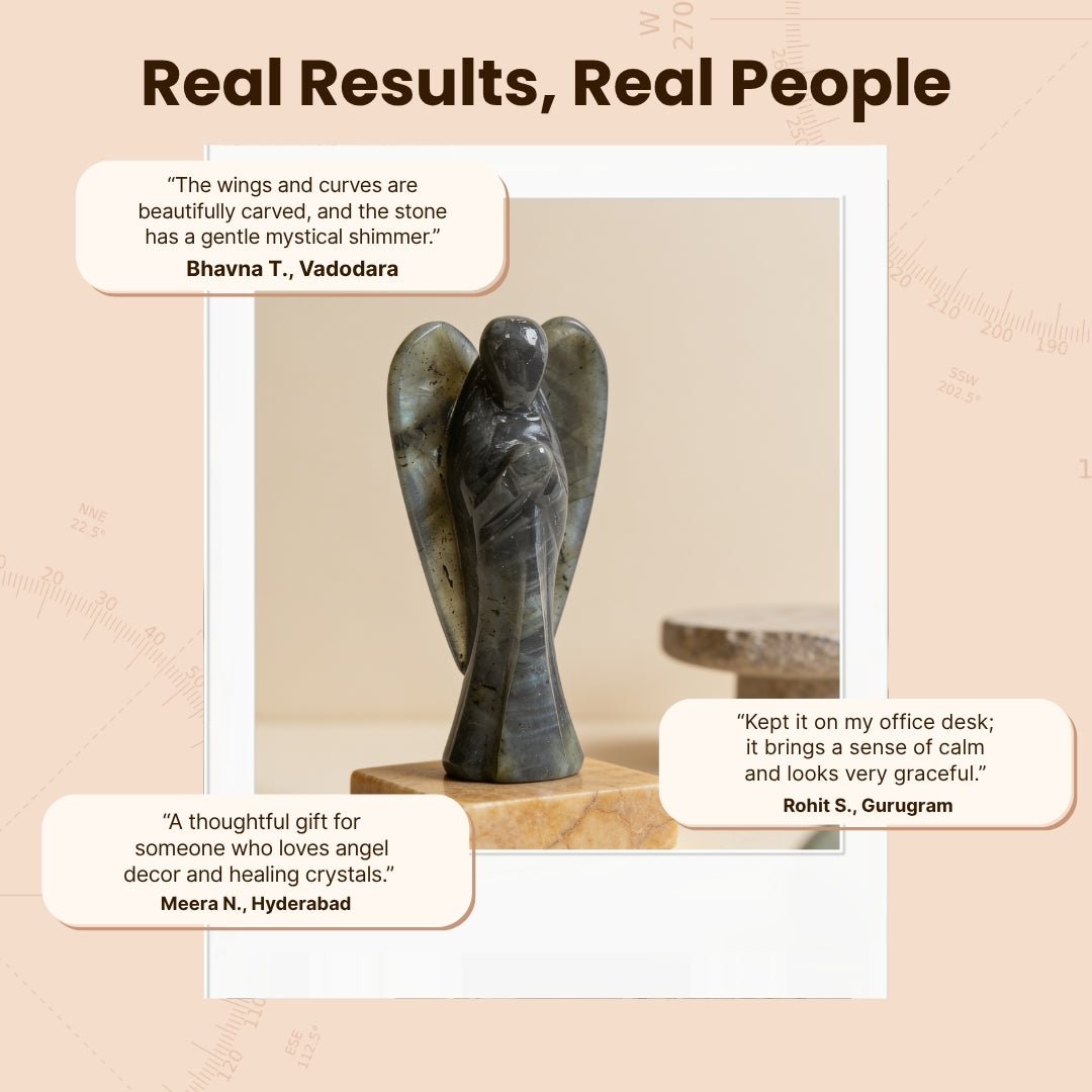 Rare 3 inch Labradorite angel figurine displayed beside velvet gift box and crystal healing certificate