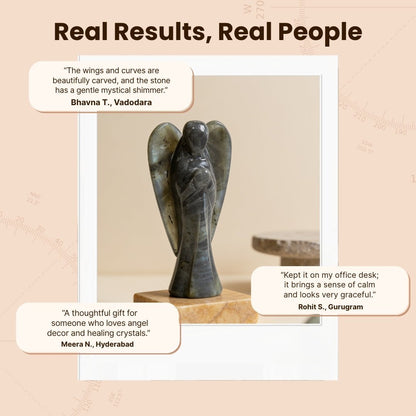 Rare 3 inch Labradorite angel figurine displayed beside velvet gift box and crystal healing certificate