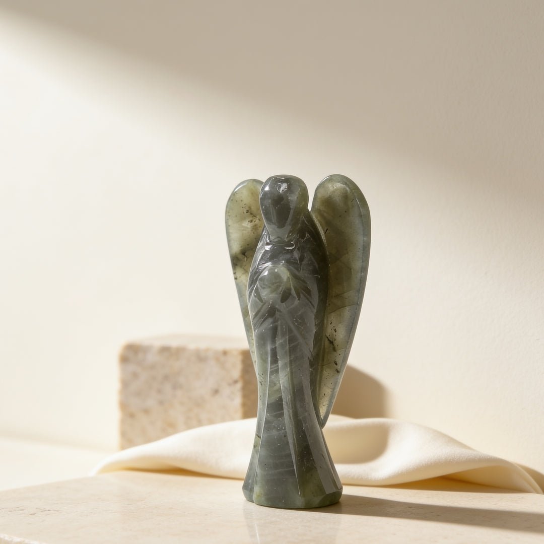Hand-carved natural rare Labradorite 3 inch guardian angel pocket figurine