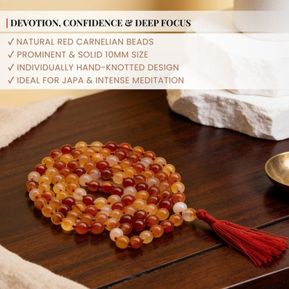 Traditional durable hand-knotted thread construction securing each 10 mm polished Carnelian bead