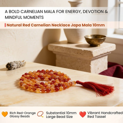 Close-up of large 10 mm polished Red Carnelian beads showing rich fiery red and orange hues with subtle natural banding