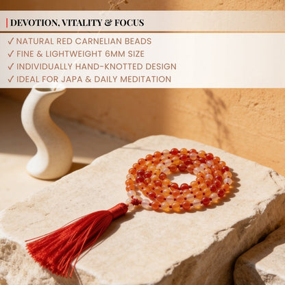 Traditional durable hand-knotted thread construction between 6 mm polished Carnelian gemstone beads
