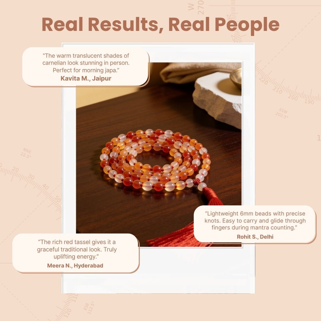 Overhead spiral arrangement of 108 Red Carnelian 6 mm beads displayed beside a soft drawstring storage pouch